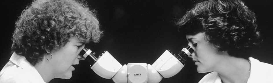 Two researchers looking through microscopes